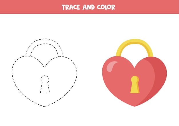 Trace and color valentine lock in shape of heart Educational game for kids