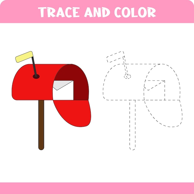 Trace and color worksheet for toddlers. Activity page for preschool kids. Educational page with postbox