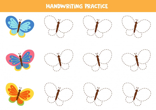 Trace cute butterflies in each row. educational worksheet for preschoolers.