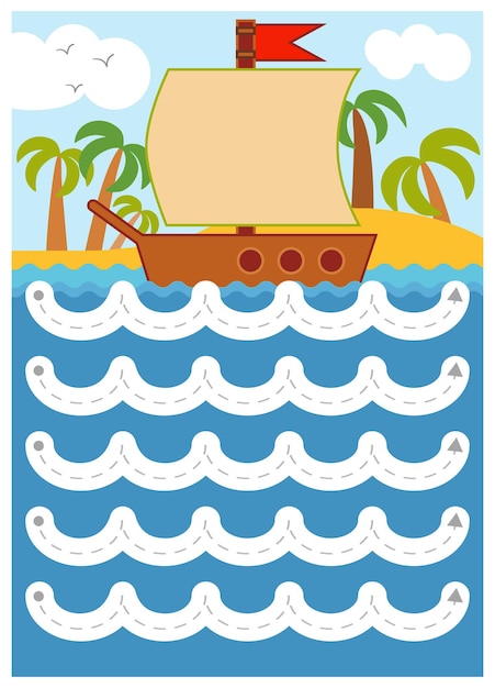 Trace the dotted lines education game for children Ship and tropical island