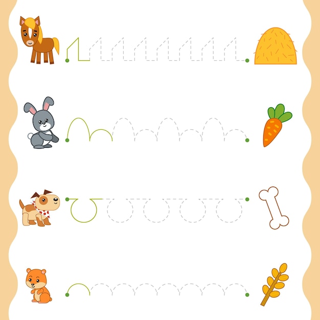 Trace the dotted lines from animals to food Connect the dots education game for children