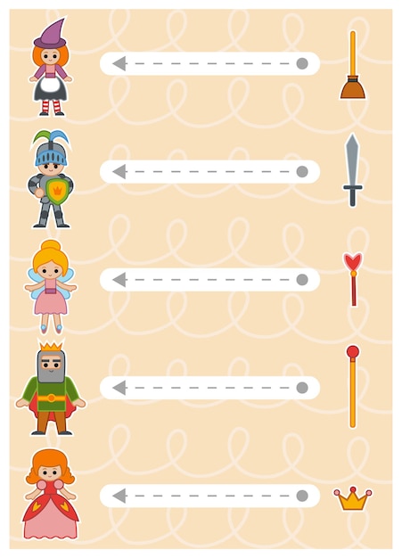 Traccia linee tratteggiate dai personaggi delle fiabe agli oggetti collega il gioco educativo dei punti per i bambini