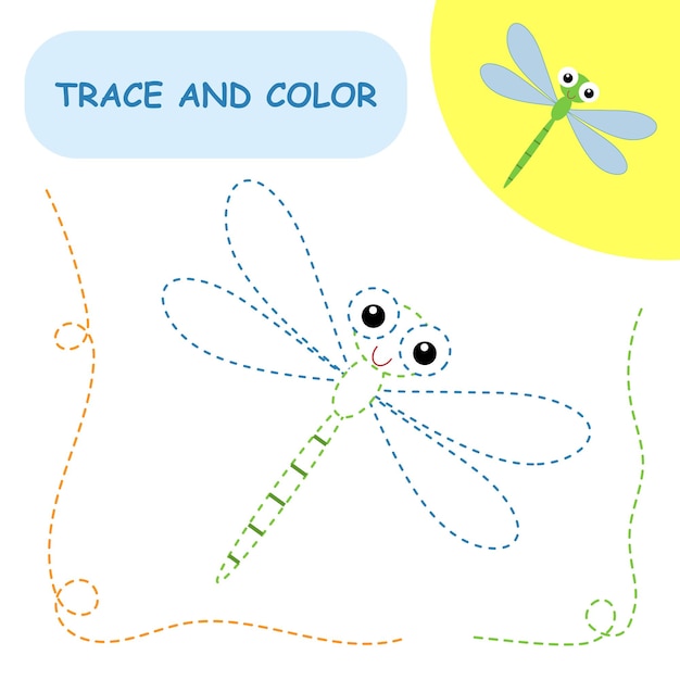 Trace en kleur Onderwijsspel voor kinderen Dragonfly