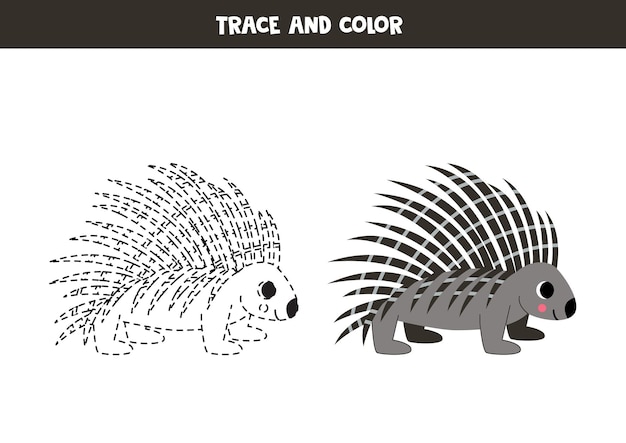 Trace en kleur schattig cartoon stekelvarken Werkblad voor kinderen