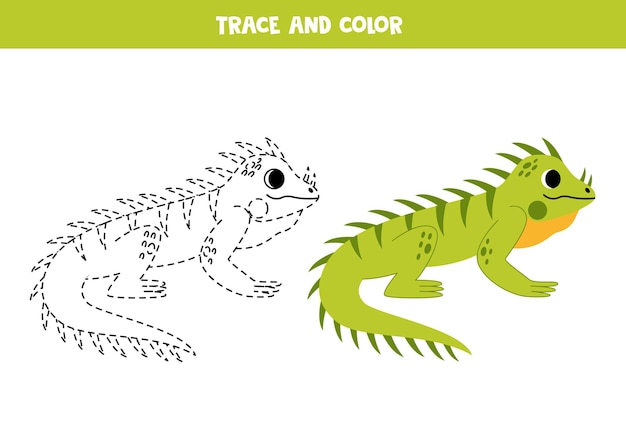 Trace en kleur schattige cartoon groene leguaan werkblad voor kinderen