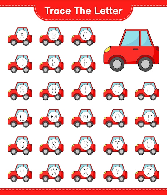 Trace the letter. tracing letter alphabet with car. educational children game, printable worksheet, vector illustration