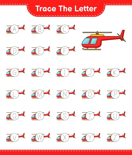 Trace the letter. Tracing letter alphabet with Helicopter. Educational children game, printable worksheet, vector illustration