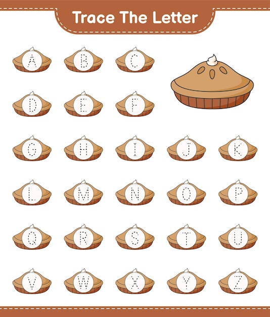 Vector trace the letter tracing letter alphabet with pie educational children game printable worksheet vector illustration