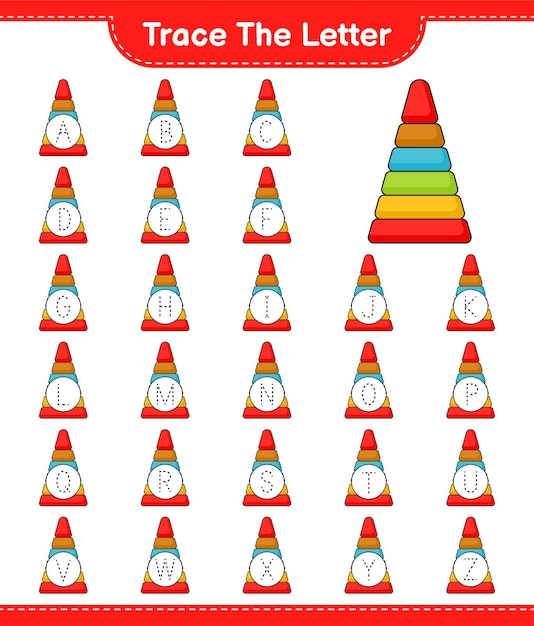 Trace the letter. Tracing letter alphabet with Pyramid Toy. Educational children game, printable worksheet, vector illustration