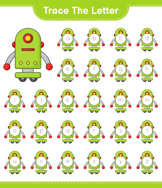 Traccia la lettera. alfabeto di lettere di tracciamento con carattere robot. gioco educativo per bambini, foglio di lavoro stampabile, illustrazione vettoriale