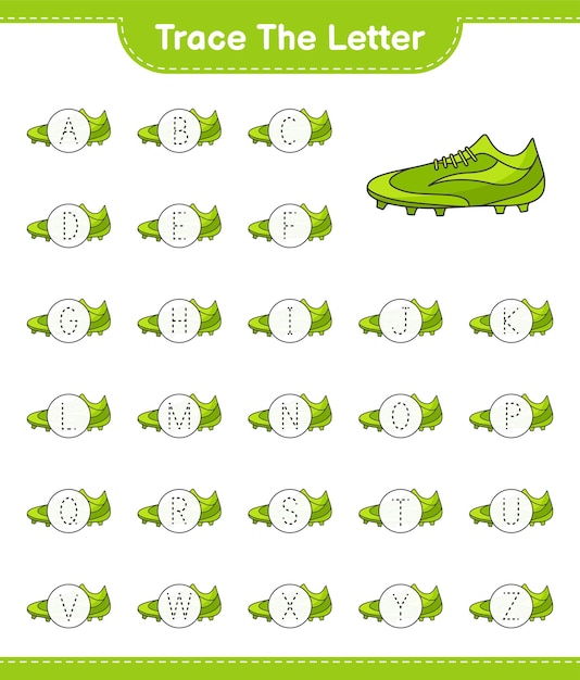 Обведите букву. Отслеживание букв алфавита с футбольной обуви. Развивающая детская игра, лист для печати, векторные иллюстрации