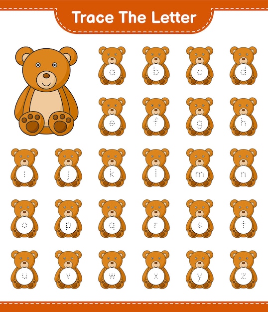 Trace the letter. tracing letter alphabet with teddy bear. educational children game, printable worksheet, vector illustration