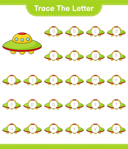 Trace the letter. Tracing letter alphabet with Ufo. Educational children game, printable worksheet, vector illustration