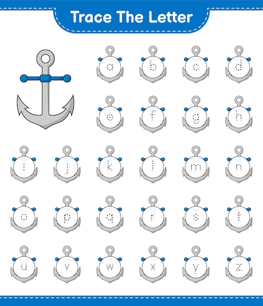 Trace the letter. Tracing letter with Anchor. Educational children game, printable worksheet, vector illustration