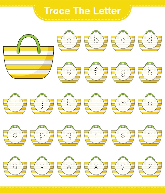 Trace the letter. Tracing letter with Beach Bag. Educational children game, printable worksheet, vector illustration