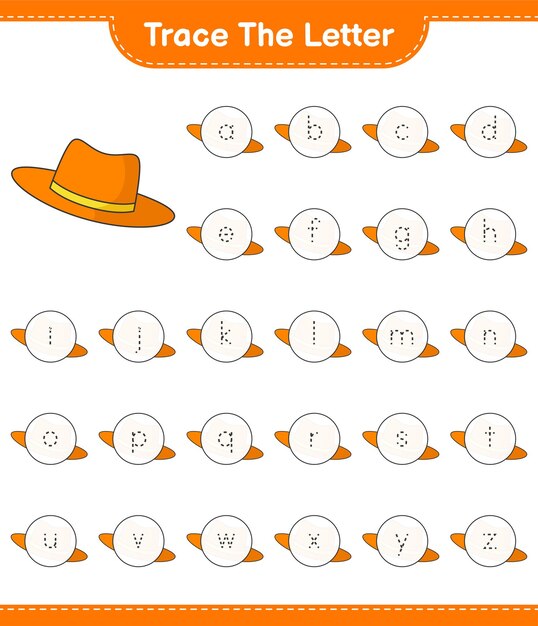 Trace the letter. Tracing letter with Summer Hat. Educational children game, printable worksheet, vector illustration
