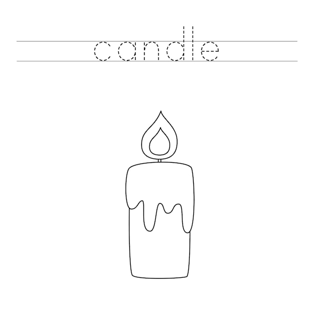 Trace the letters and color candle. Handwriting practice for kids.