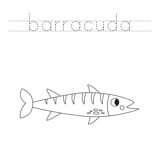 Traccia le lettere e colora il pesce barracuda dei cartoni animati pratica della scrittura a mano per i bambini