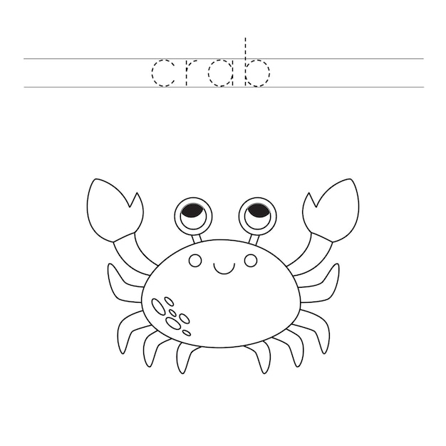 Trace the letters and color cartoon crab Handwriting practice for kids