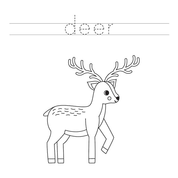 Vector trace the letters and color cartoon deer handwriting practice for kids