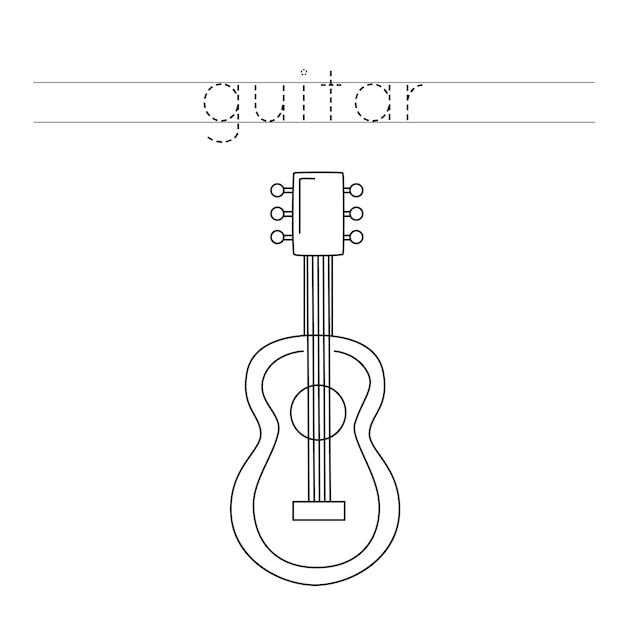 Trace the letters and color cartoon guitar handwriting practice for kids