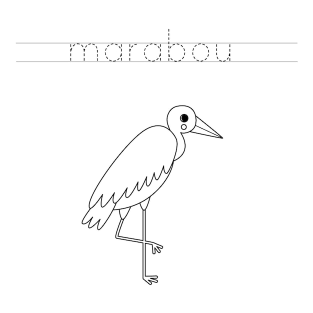 Trace the letters and color cartoon marabou bird Handwriting practice for kids