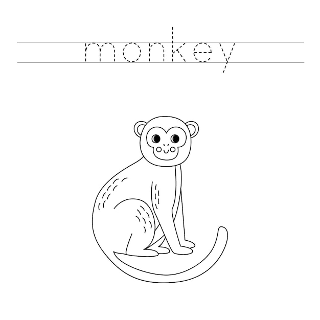 Trace the letters and color cartoon monkey Handwriting practice for kids