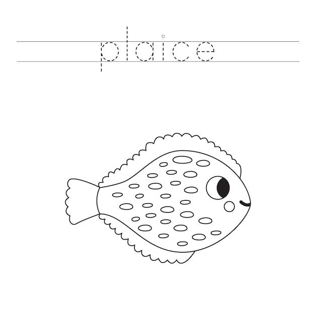 Trace the letters and color cartoon plaice fish Handwriting practice for kids