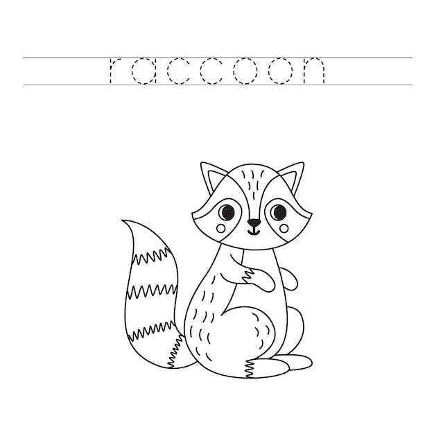 Trace the letters and color cartoon raccoon Handwriting practice for kids