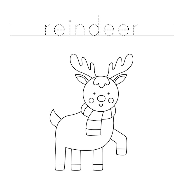 Trace the letters and color cartoon reindeer Handwriting practice for kids