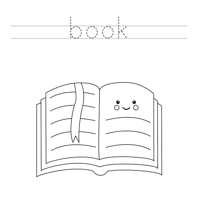 Trace the letters and color cute kawaii book. Handwriting practice for kids.