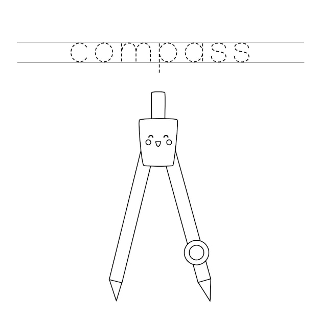 Trace the letters and color cute kawaii compass Handwriting practice for kids