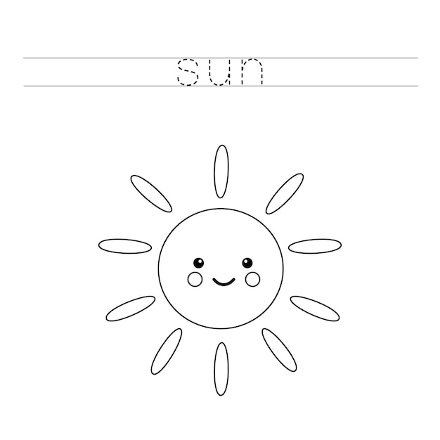 Trace the letters and color cute kawaii sun Handwriting practice for kids