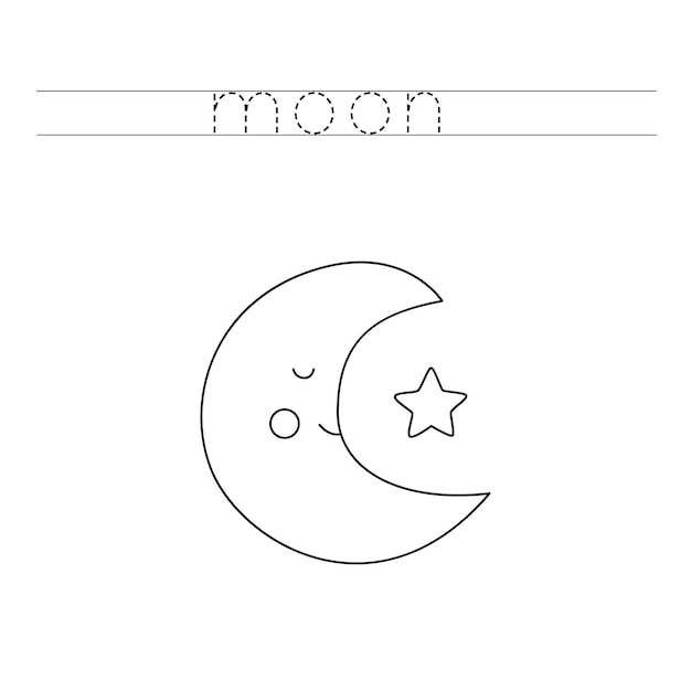 Trace the letters and color cute moon and star. Handwriting practice for kids.