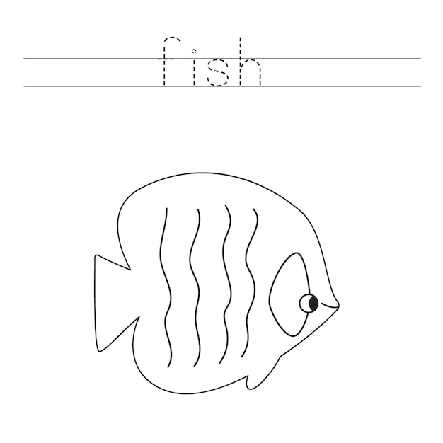 Trace the letters and color cute sea fish. handwriting practice for kids.