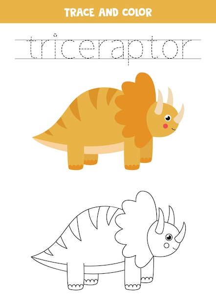 Trace the letters and color the dinosaur trice raptor. handwriting practice for kids.