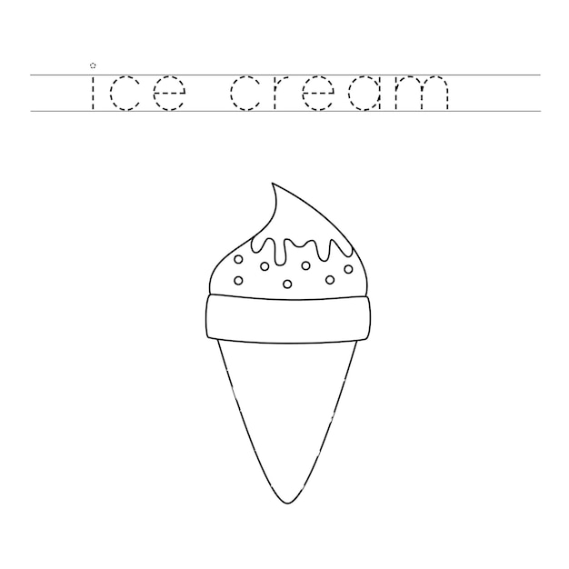 글자를 따라가며 아이스크림을 색칠해보세요. 아이들을 위한 손글씨 연습.