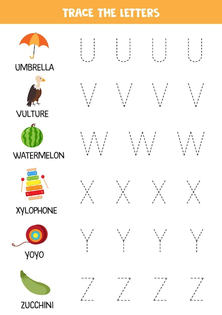 Trace letters of english alphabet. handwriting practice for preschool kids.