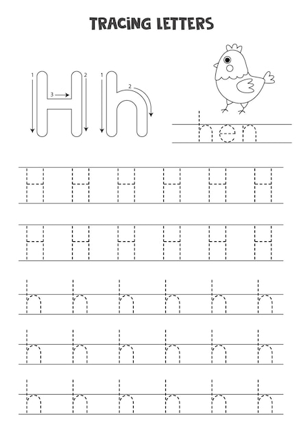 Traccia lettere dell'alfabeto inglese. maiuscole e minuscole h. pratica di scrittura a mano per bambini in età prescolare.