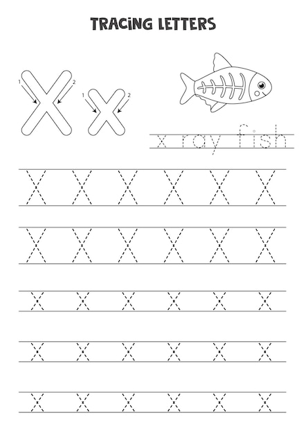 Trace letters of English alphabet. Uppercase and lowercase X. Handwriting practice for preschool kids.