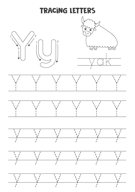 英語のアルファベットのトレース文字。大文字と小文字のy.就学前の子供のための手書きの練習。