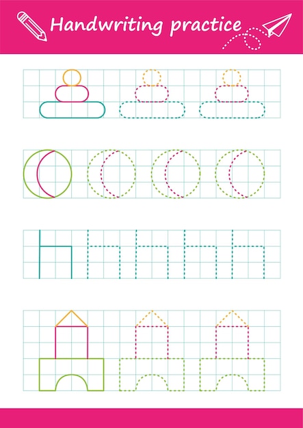 Trace lijn werkblad voor kinderen. Basis schrijven. Werkpagina's voor kinderen. Kleuterschool of kleuterschool