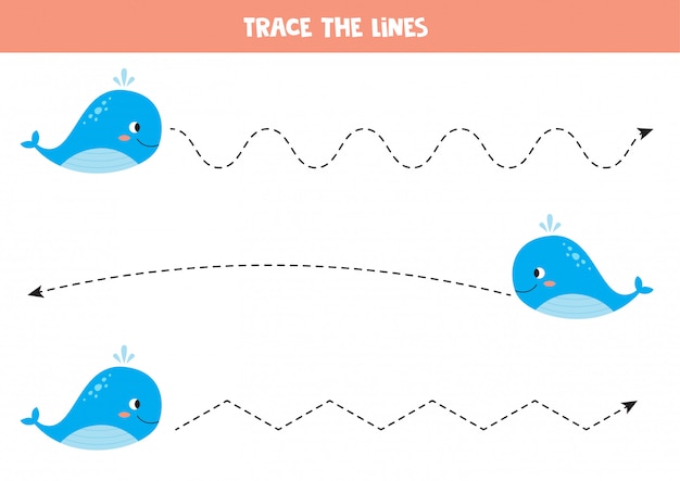 Linea di traccia con balena blu. pratica della scrittura a mano per bambini.