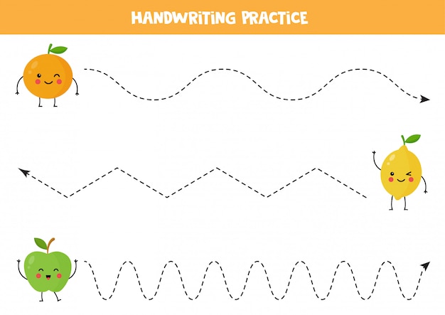 Trace the lines with cute kawaii apple, orange and lemon.