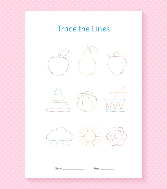 Trace lines worksheet. Hand tracing for kids. Preschool handwriting games. Paper size A4.