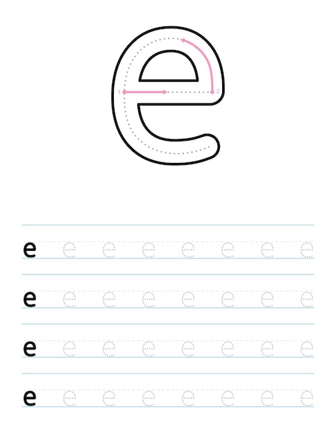 Trace lowercase letter e worksheet for preschool