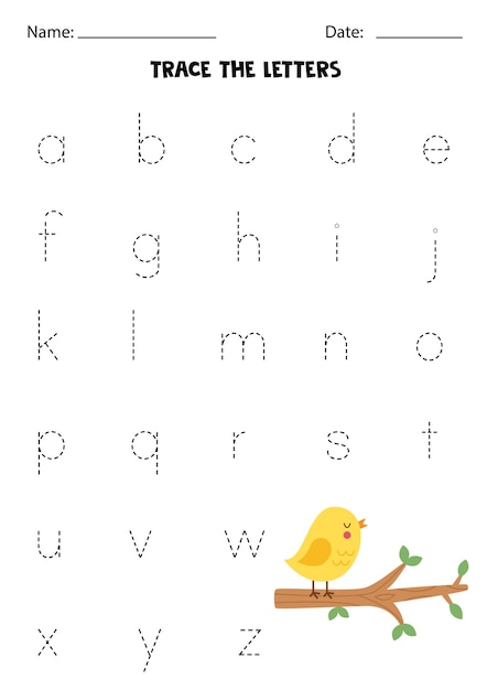 Trace lowercase letters of alphabet worksheet with cute bird on branch