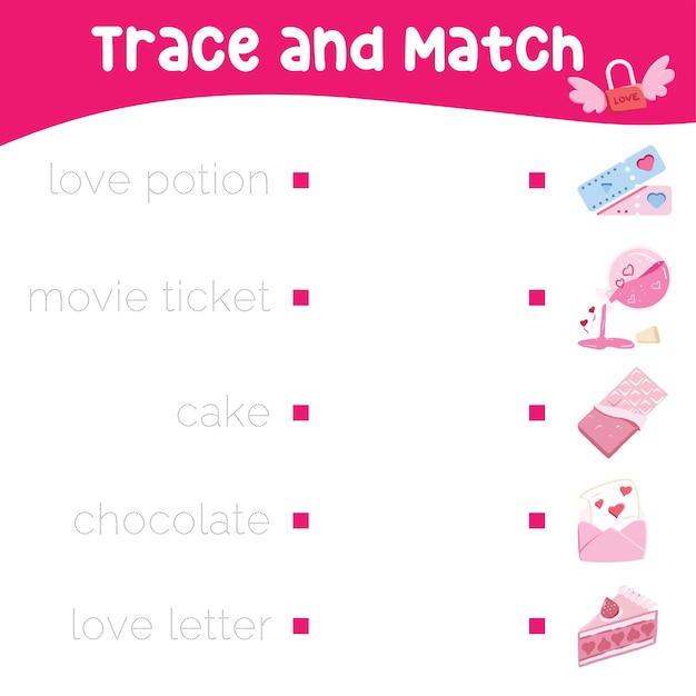 Vector trace and matching words with images. educational spelling printable game worksheet. valentine theme