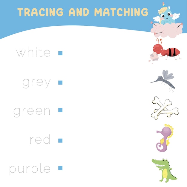 Traccia e abbina le parole alle immagini. esercizio per far riconoscere i colori ai bambini. archivio vettoriale.