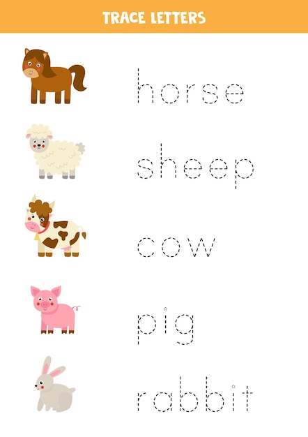 귀여운 만화 농장 동물의 이름을 추적하십시오. 미취학 아동을위한 필기 연습.